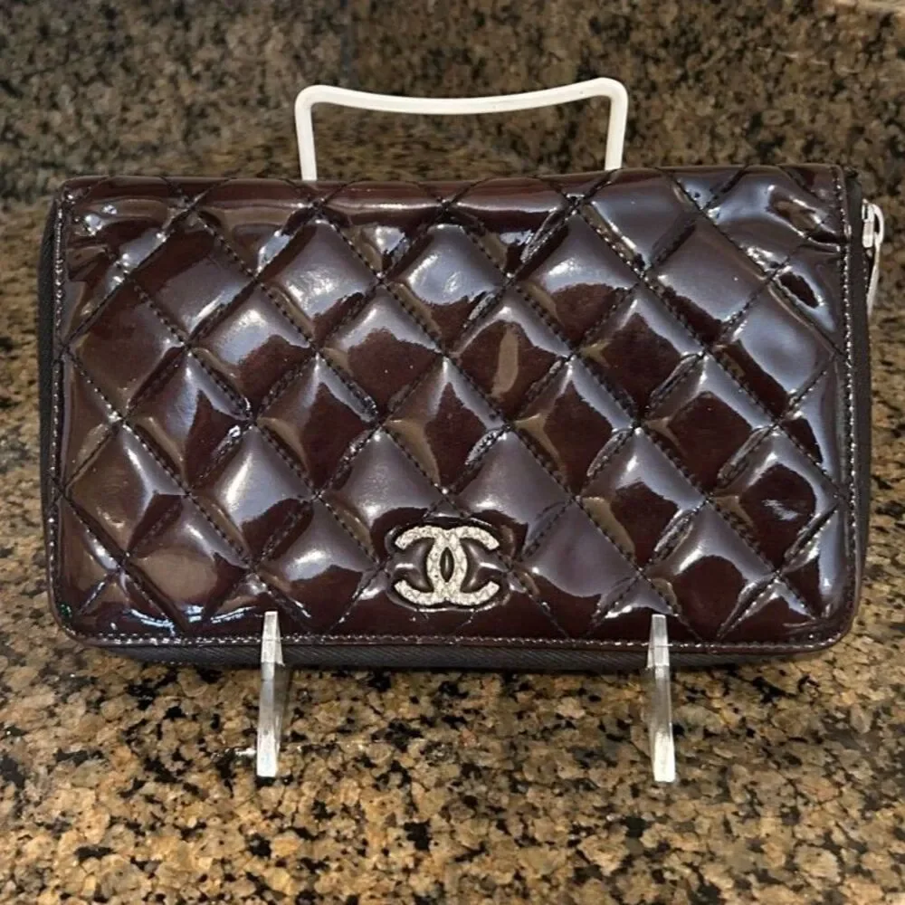 Chanel Deep Burgundy Quilted Patent Leather CC Zip Around Wallet Organizer